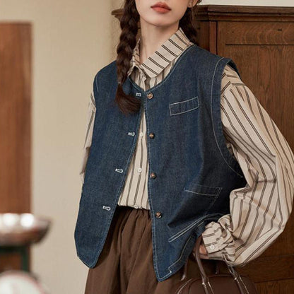 Damen Denimweste Mit Knopfverschluss Und Taschen Blau Eveloria - Eveloria