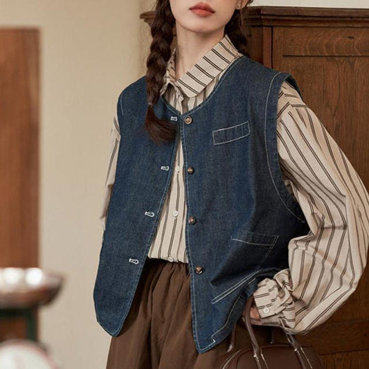 Damen Denimweste Mit Knopfverschluss Und Taschen Blau Eveloria - Eveloria