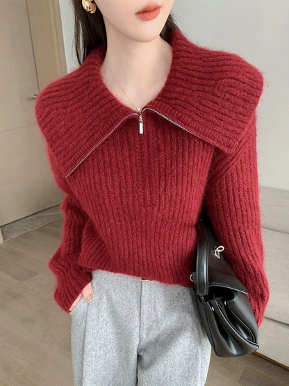 Damen Strickpullover Großkragen Reißverschluss Eveloria