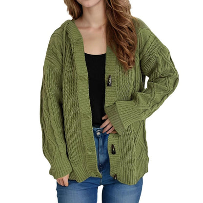 Damen Grobstrick Cardigan mit Zopfmuster und Kapuze Beige