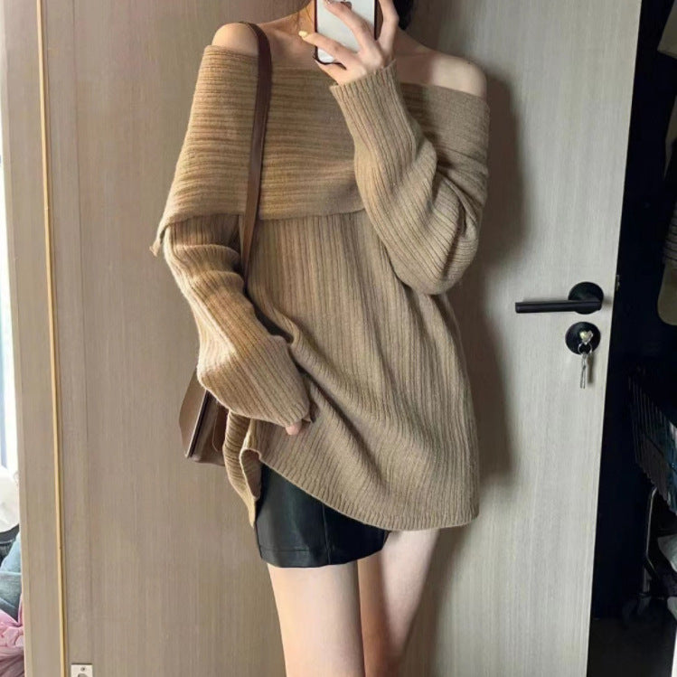 Damen Oversized Pullover Off-Shoulder Rippstruktur Beige