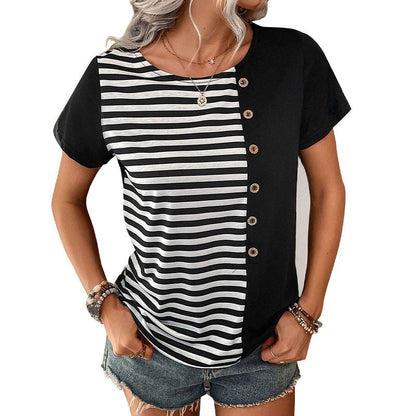 Damen T-Shirt Streifen Knopfdetails Weiß/