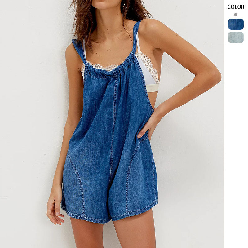 Damen Denim-Shortoverall Geraffter Ausschnitt Seitentaschen Blau - Eveloria