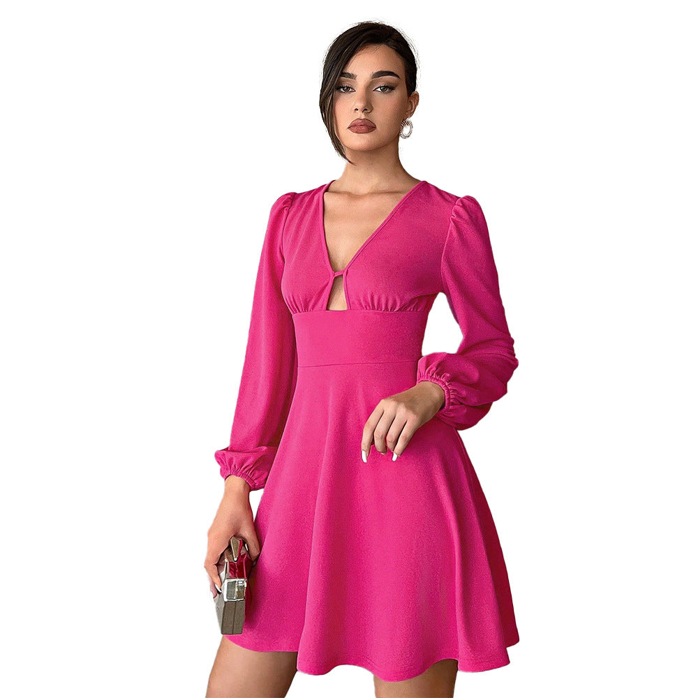Damen Minikleid V-Ausschnitt Puffärmel Eveloria