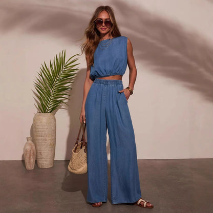 Damen Denim Set Cropped Oberteil Weite Hose Blau Eveloria
