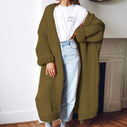 Damen Oversized Cardigan Grobstrick Komfort Taschen Beige