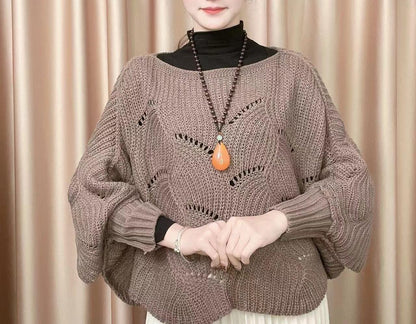 Damen Strickpullover Luftig Lochmuster Beige Eveloria