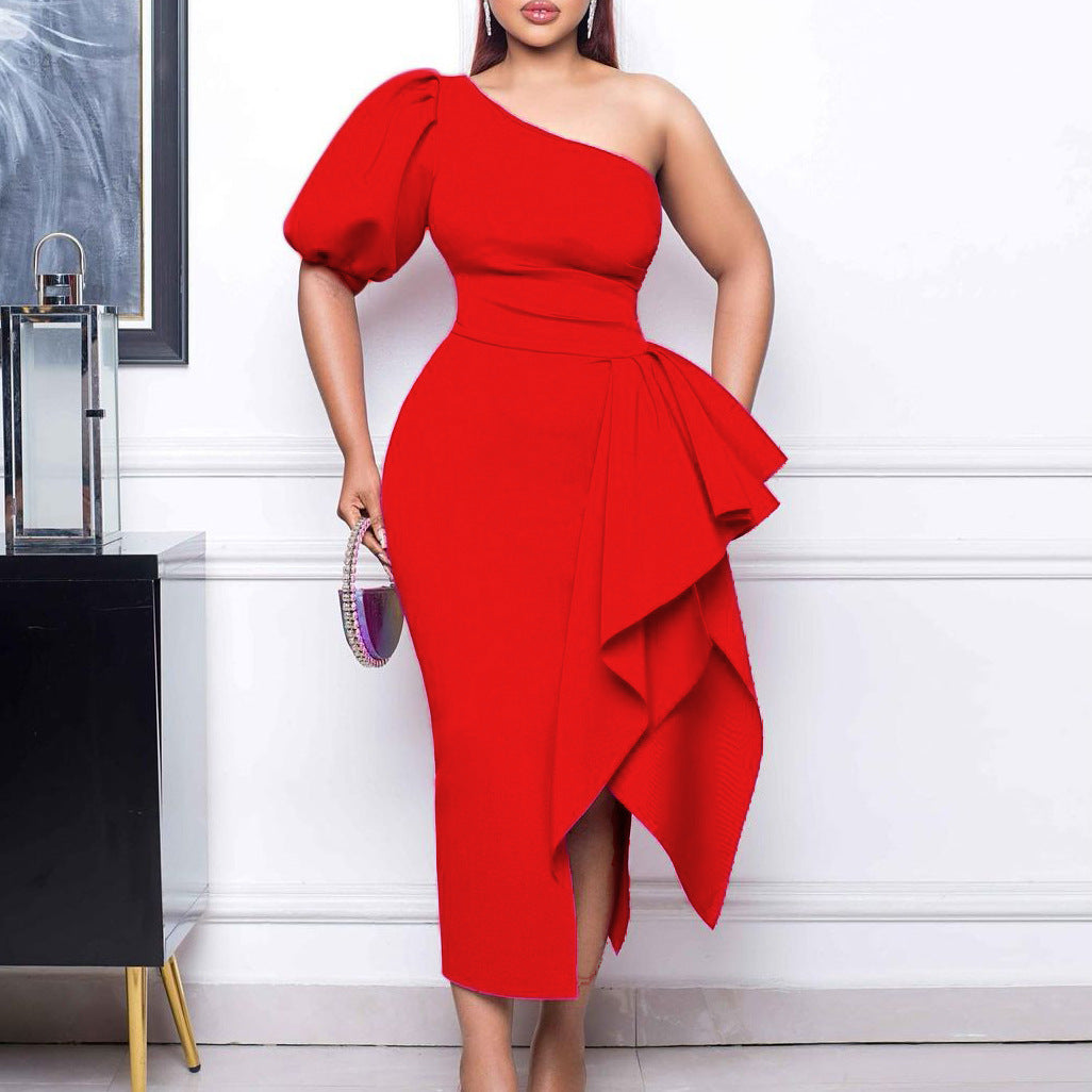 Damen Kleid Asymmetrisch Dekoratives Drapierung Elegantes Design