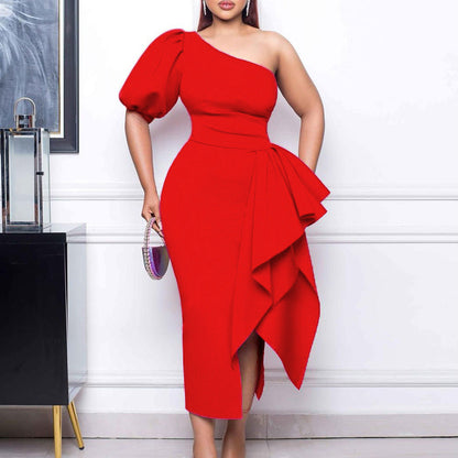 Damen Kleid Asymmetrisch Dekoratives Drapierung Elegantes Design