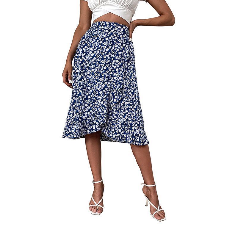 Damen Midi-Rock Floralmuster Asymmetrischer Saum Eveloria