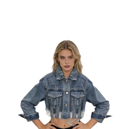 Damen Jeansjacke Lässig Verziert Blau Eveloria