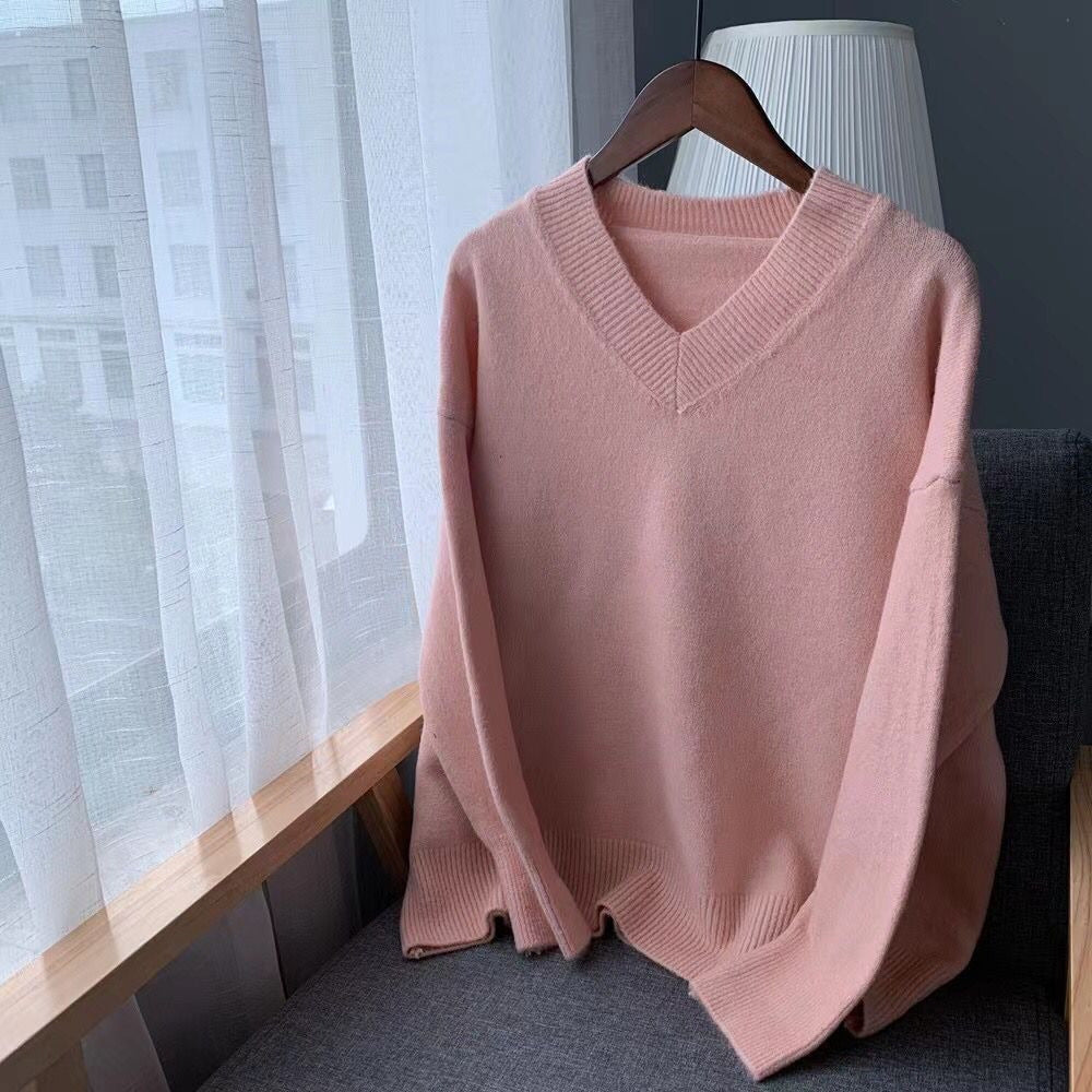 Damen Pullover Grobgestrickt V-Ausschnitt Oversized Ärmel Beige