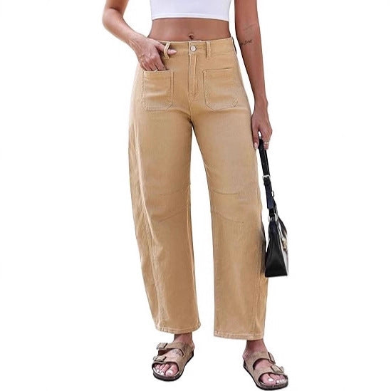 Damen Weite Jeans Hochtaillig Mit Taschen Blau Eveloria