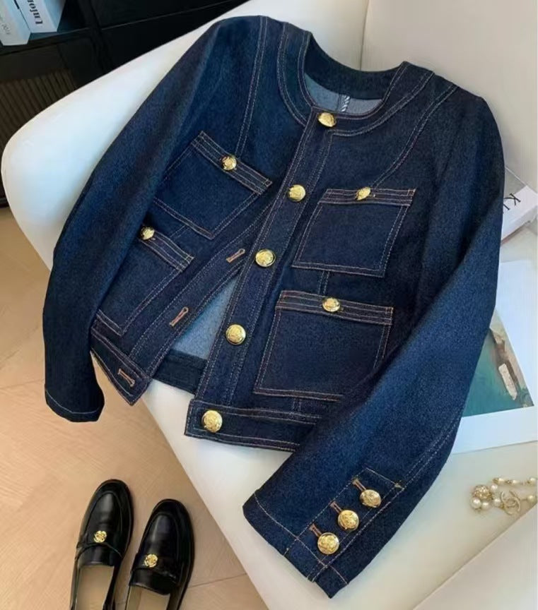 Damen Jeansjacke Modisch Goldene Knöpfe Eveloria