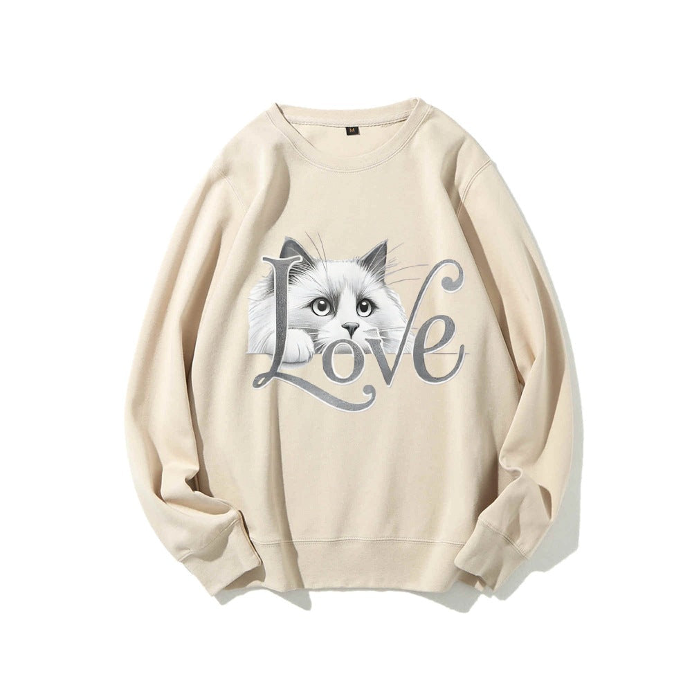 Damen Sweatshirt Katzenmotiv Lässig Grau Eveloria