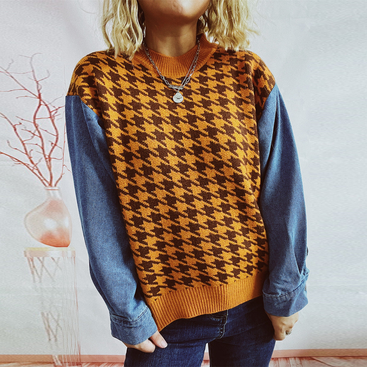 Damen Pullover Hahnentrittmuster Denim Ärmel Blau