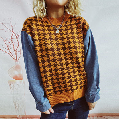 Damen Pullover Hahnentrittmuster Denim Ärmel Blau
