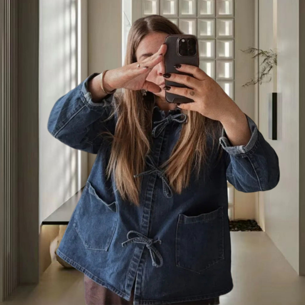 Damen Jeansjacke Dekorativen Schleifen Praktische Taschen Blau