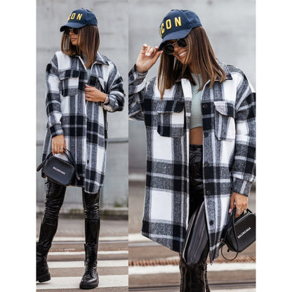 Damen Karierter Overshirt Jacke Lässig Mit Taschen Eveloria - Eveloria