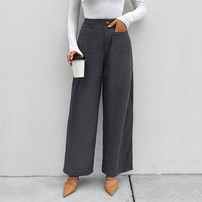 Damen Hochtaillierte Weite Hose mit Taschen und Knöpfen