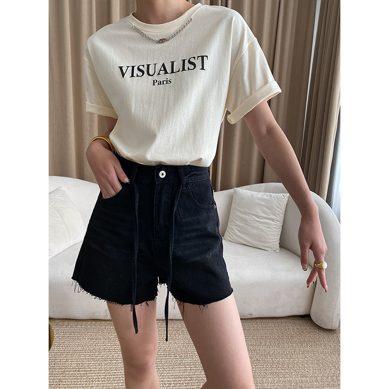 Damen Highwaist Jeansshorts Dekoratives Schnürdetail Fransiger Saum