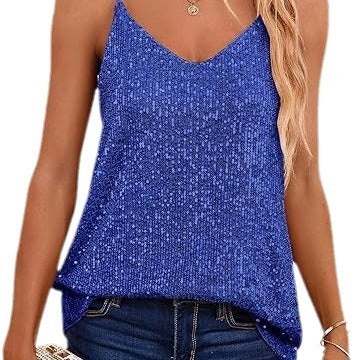 Damen Spaghetti-Trägertop V-Ausschnitt Glitzerdetails Eveloria