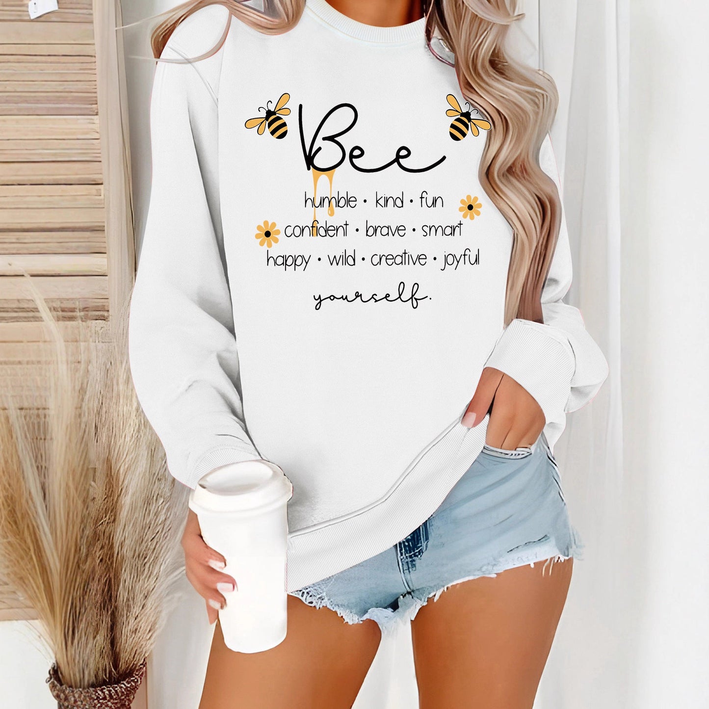 Damen Sweatshirt Bienenmotiv Positives Design Grau