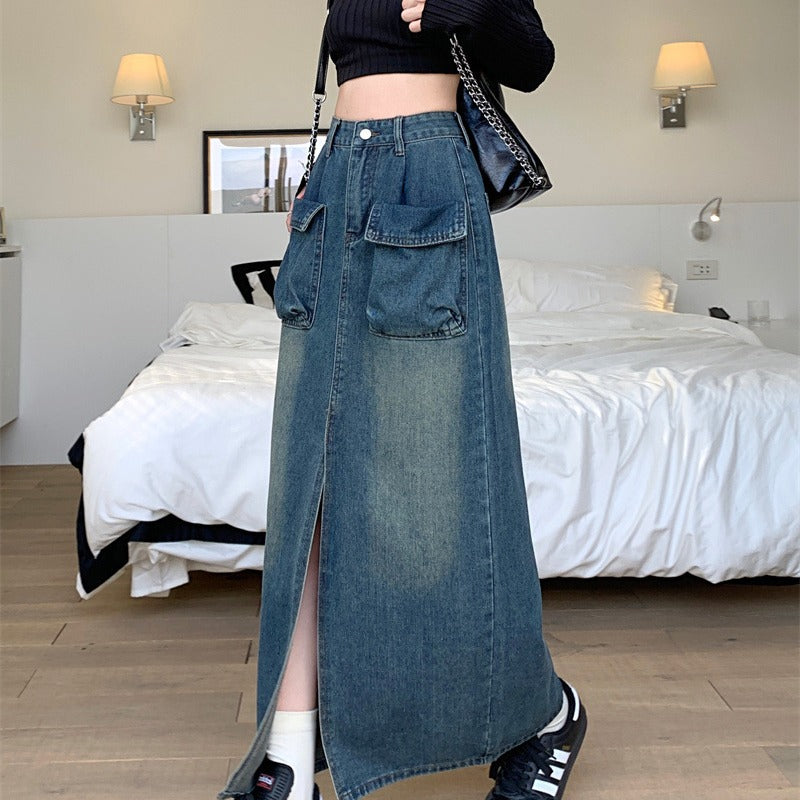 Damen Denimrock Lang Mit Taschen Blau Eveloria