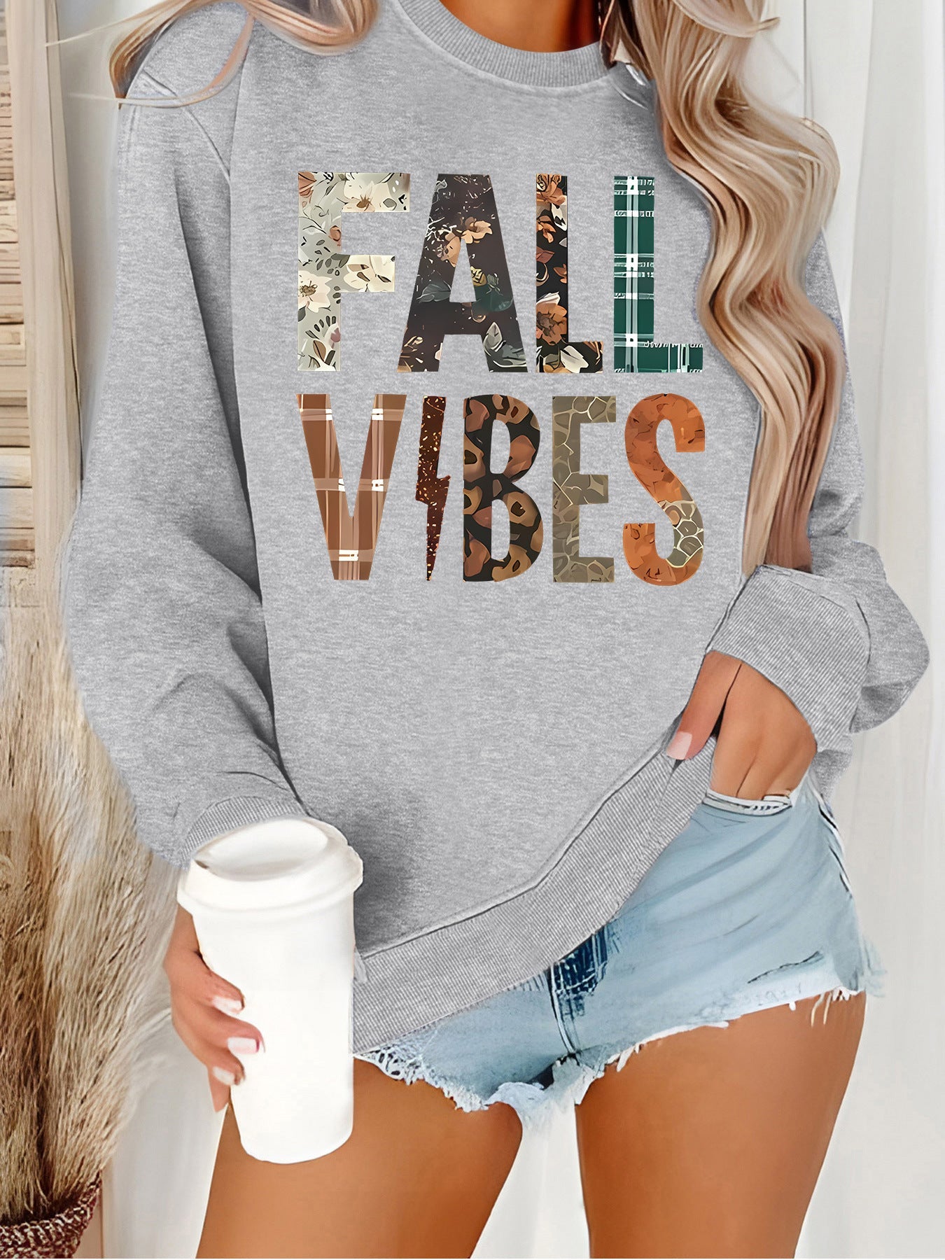 Damen Sweatshirt Grafik-Aufdruck Bequem Grau Eveloria