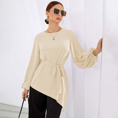 Damen Asymmetrisches Blusen-Shirt mit Taillengürtel Eveloria