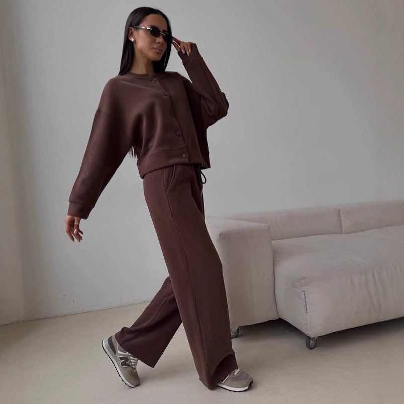 Damen Freizeitjacke mit Knopfleiste und weiten Hosen Eveloria