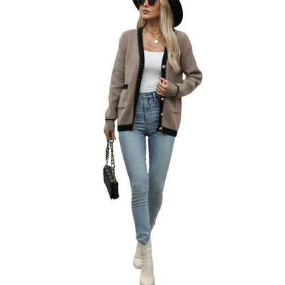 Damen Strickjacke Strukturiertes Muster Goldene Knöpfe Beige