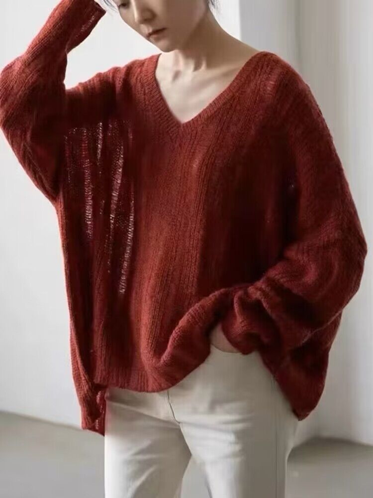 Damen Grobstrickpullover V-Ausschnitt Modisch