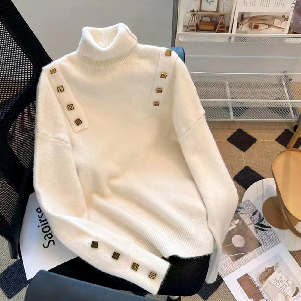 Damen Rollkragenpullover Modisch Dekorative Knöpfe Grau