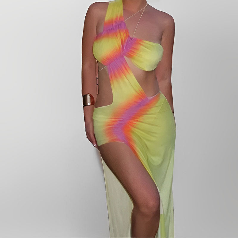 Damen Strandkleid Asymmetrisch Batik-Design Farbenfroh