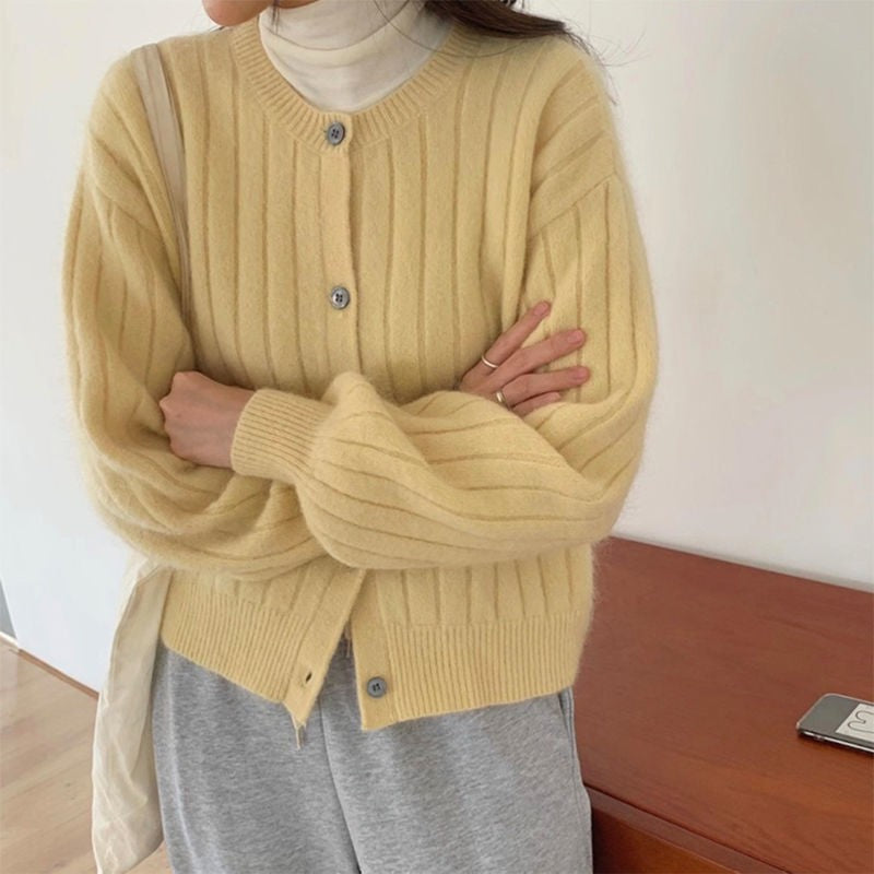 Damen Knopfstrickjacke Rippstruktur Kuschelig Grau Eveloria