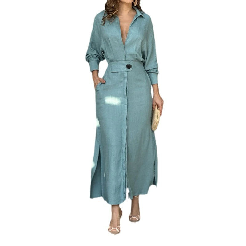 Damen Maxikleid V-Ausschnitt Gürtel Elegantes Eveloria