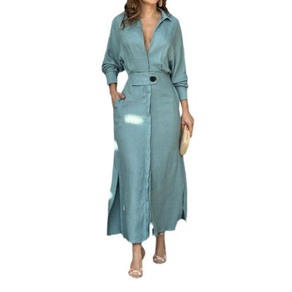 Damen Maxikleid V-Ausschnitt Gürtel Elegantes Eveloria