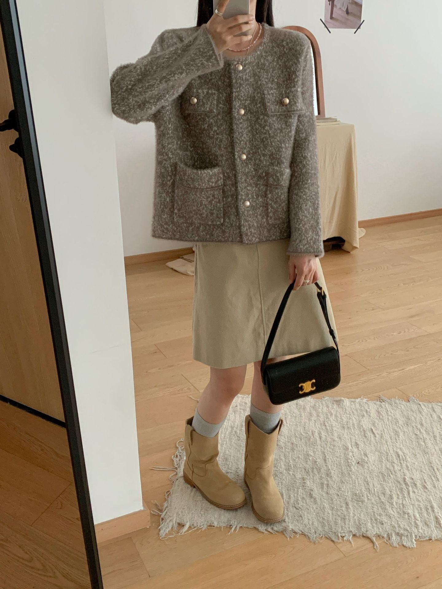 Damen Strickjacke Kuschelig Knöpfe Taschen Beige