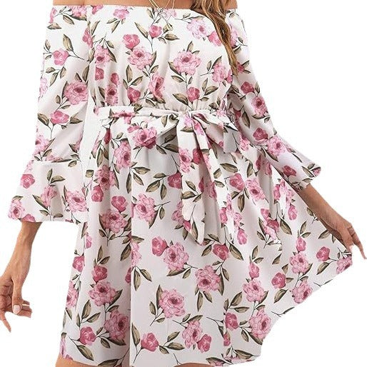 Damen Off-Shoulder Kleid Bunt Muster Eveloria