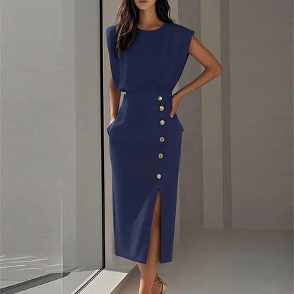 Damen Elegantes Midi-Kleid Knöpfe Seitenschlitz Eveloria
