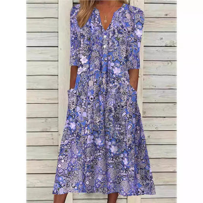 Eveloria Damen Midi Kleid mit Taschen Blumenmuster - Eveloria