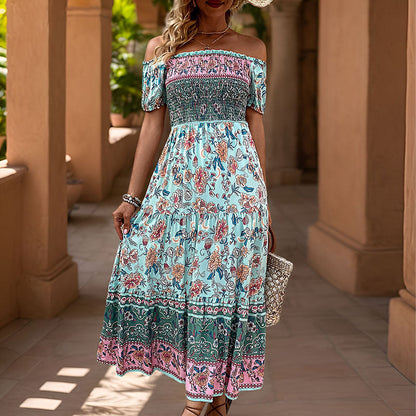 Damen Maxikleid Off-Shoulder Elastisch Floralmuster Eveloria