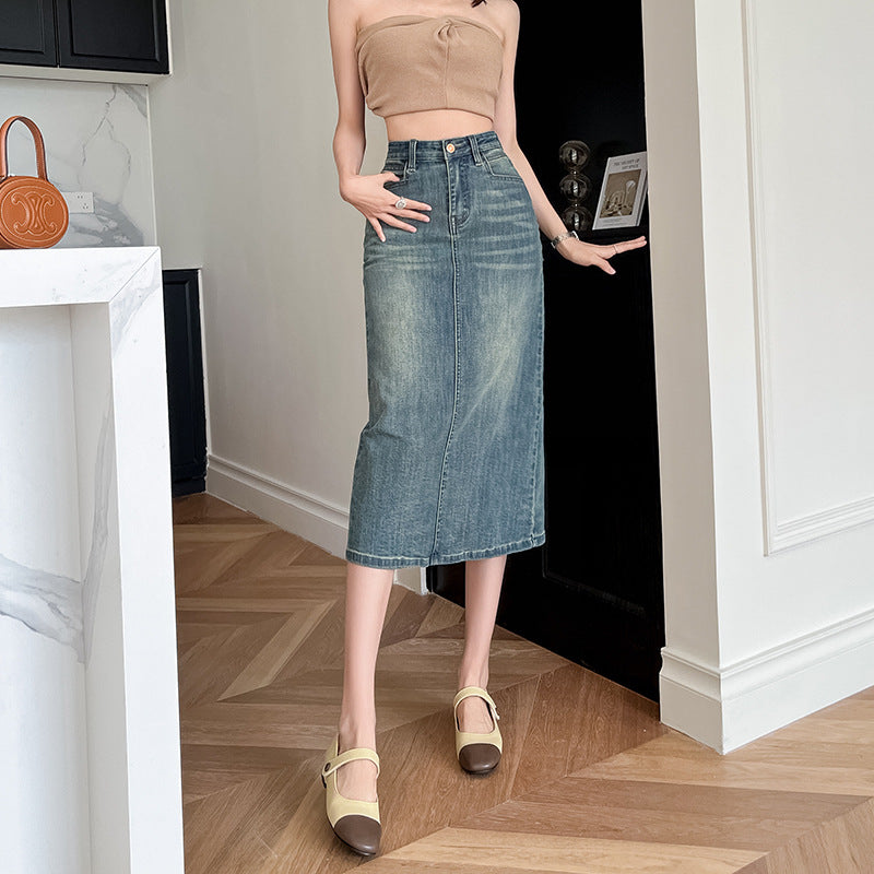 Damen Denimrock Lang Frontschlitz Blau Eveloria