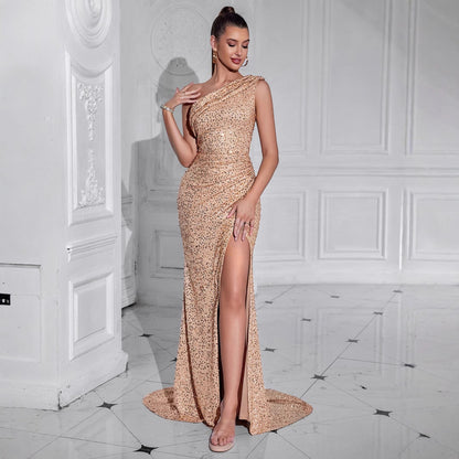 Damen Abendkleid Asymmetrisch Pailletten
