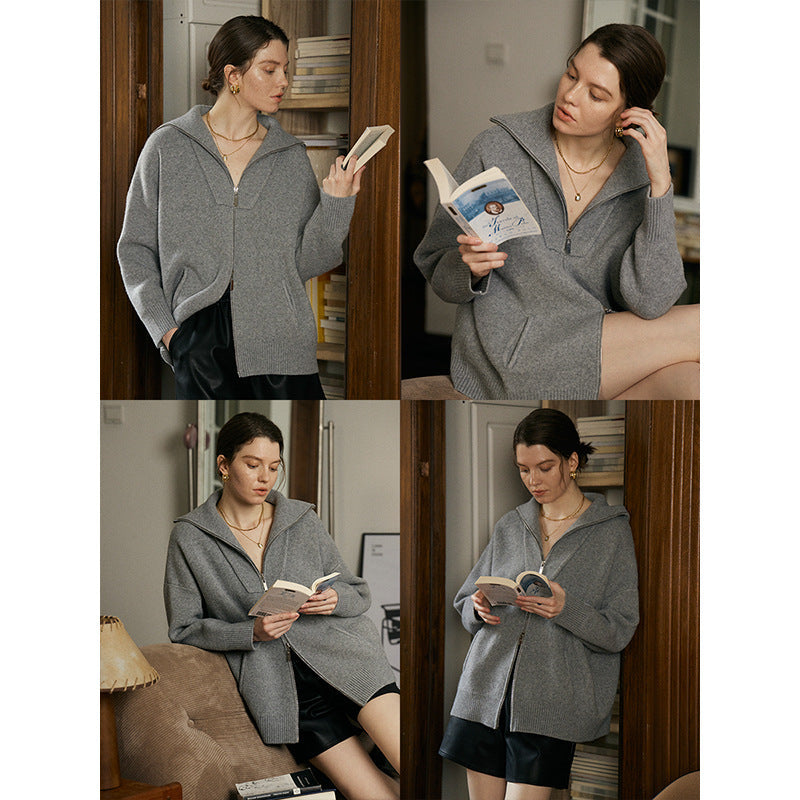 Damen Strickjacke Lässig Hochkragen Seitentaschen Eveloria