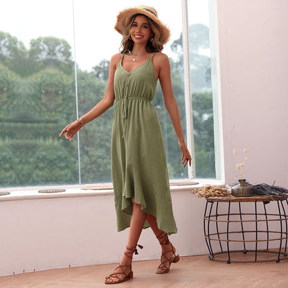 Damen Maxikleid Volant Knöpfe Eveloria