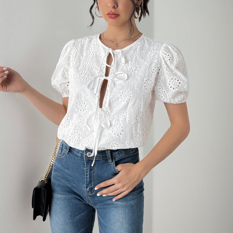 Damen Bluse Puffärmel Blumenmuster Kordelzug