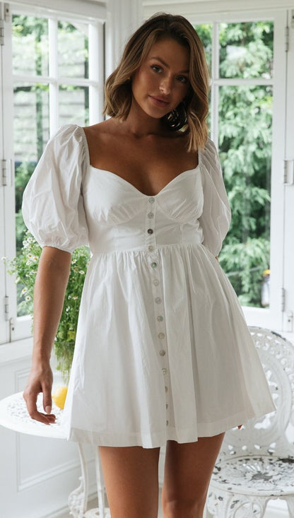 Damen Sommerkleid Skandinavisches Design Puffärmel Blümchenweiß