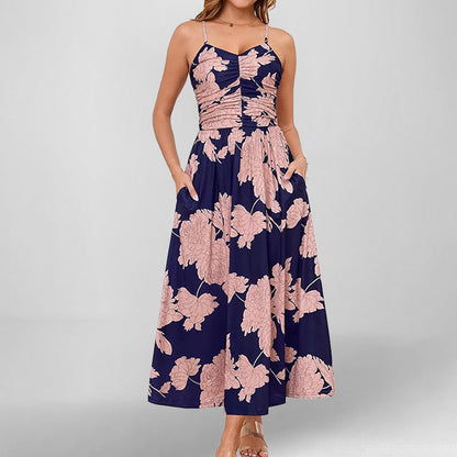 Damen Maxikleid Schmale Träger Baumwolle Mit Seitentaschen Beige